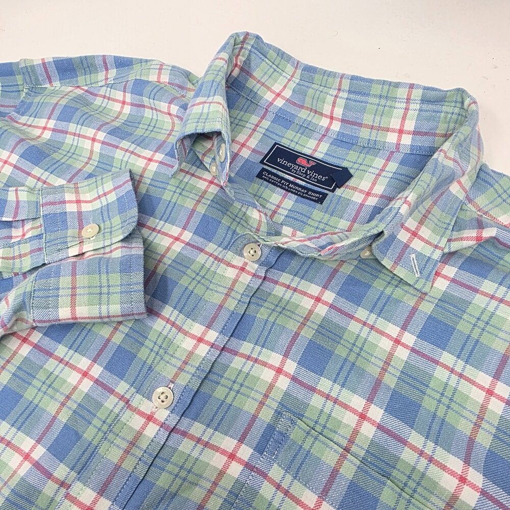 Vineyard Vines Classic Fit Murray Button Shirt Stretch Whale Blue Plaid XL